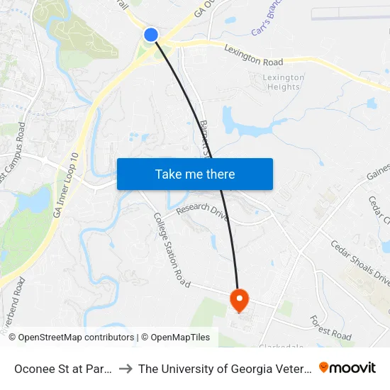 Oconee St at Park And Ride Ob to The University of Georgia Veterinary Teaching Hospital map