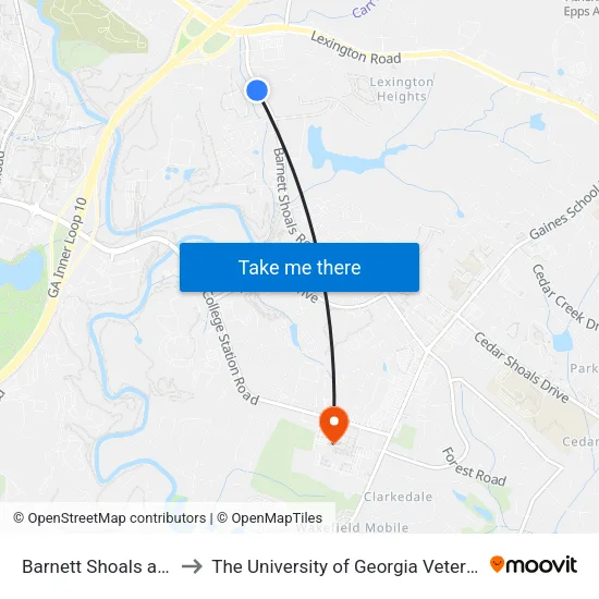 Barnett Shoals at Ikon Apts Ob to The University of Georgia Veterinary Teaching Hospital map