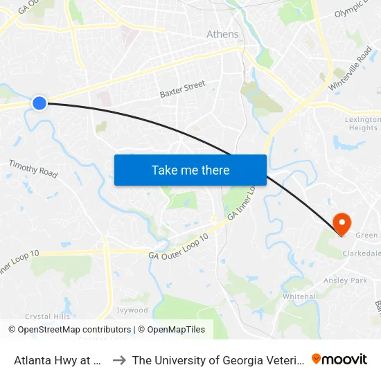 Atlanta Hwy at Rivers Edge Ib to The University of Georgia Veterinary Teaching Hospital map