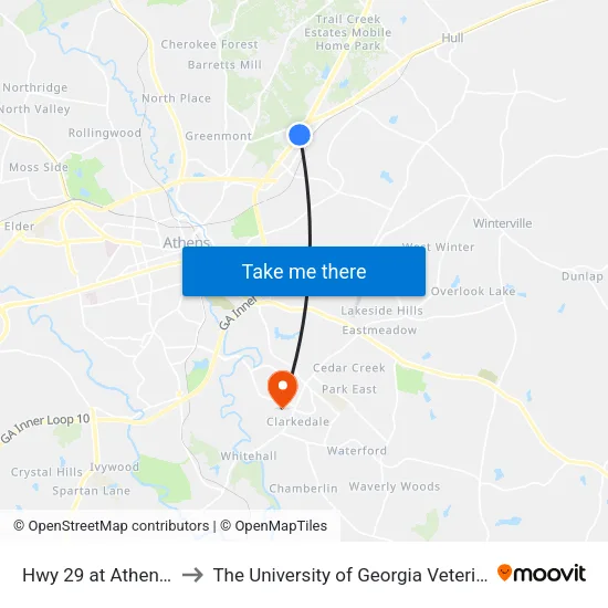 Hwy 29 at Athens Tech Bldg P to The University of Georgia Veterinary Teaching Hospital map