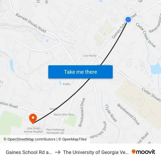 Gaines School Rd at the Pointe Apts Ib to The University of Georgia Veterinary Teaching Hospital map