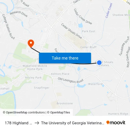 178 Highland Park Drive to The University of Georgia Veterinary Teaching Hospital map