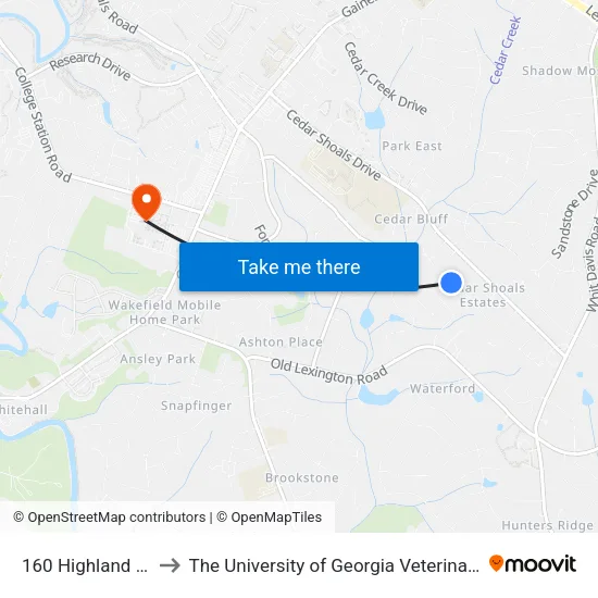 160 Highland Park Drive to The University of Georgia Veterinary Teaching Hospital map