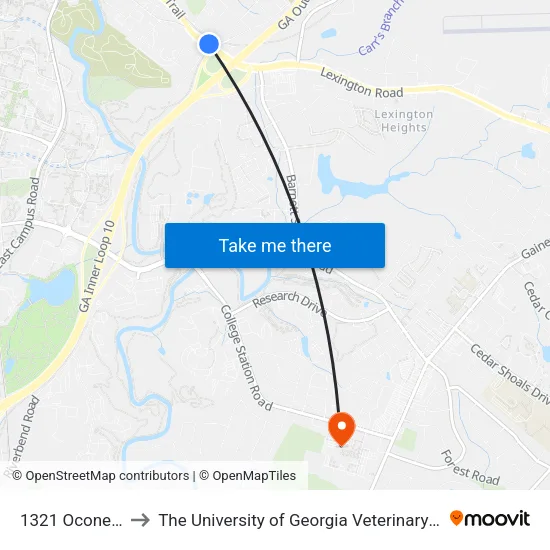 1321 Oconee Street to The University of Georgia Veterinary Teaching Hospital map