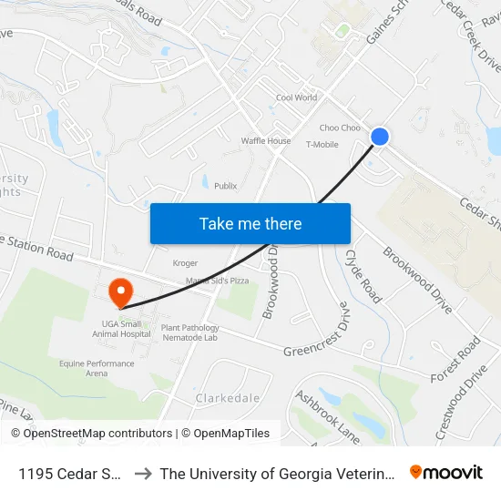 1195 Cedar Shoals Drive to The University of Georgia Veterinary Teaching Hospital map
