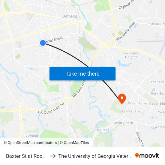 Baxter St at Rocksprings St Ob to The University of Georgia Veterinary Teaching Hospital map