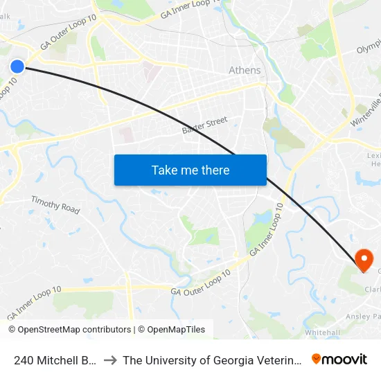240 Mitchell Bridge Road to The University of Georgia Veterinary Teaching Hospital map
