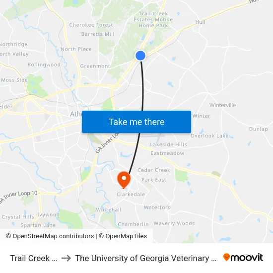Trail Creek Village to The University of Georgia Veterinary Teaching Hospital map