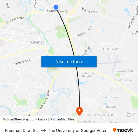 Freeman Dr at Stop And Shop to The University of Georgia Veterinary Teaching Hospital map