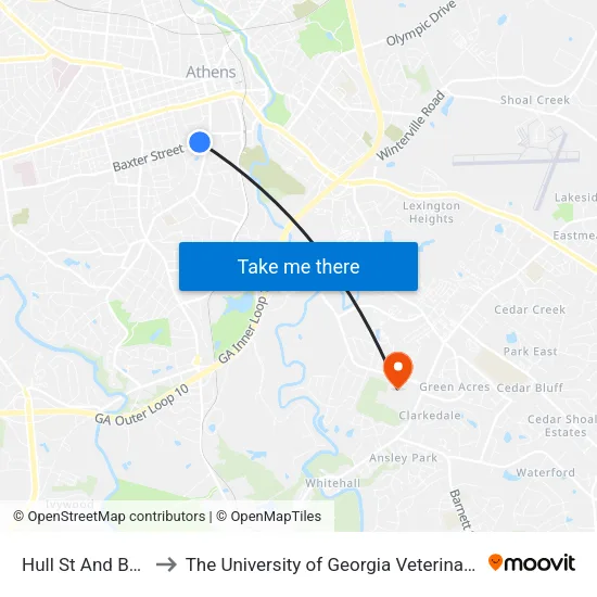 Hull St And Baxter St Ib to The University of Georgia Veterinary Teaching Hospital map