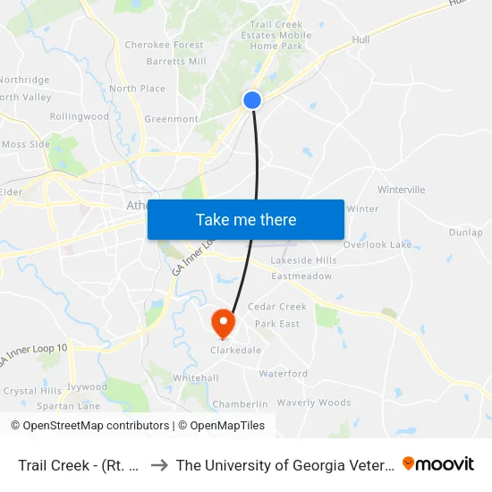 Trail Creek - (Rt. 30 - Northside) to The University of Georgia Veterinary Teaching Hospital map