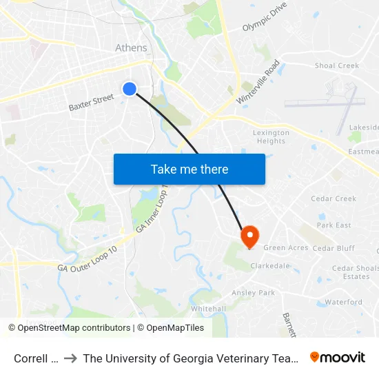 Correll Hall to The University of Georgia Veterinary Teaching Hospital map