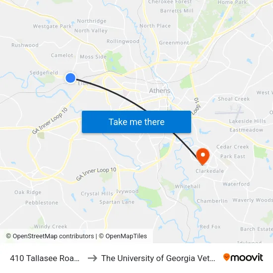 410 Tallasee Road at Traffic Circle to The University of Georgia Veterinary Teaching Hospital map