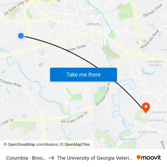 Columbia - Brookside Stop 4 to The University of Georgia Veterinary Teaching Hospital map