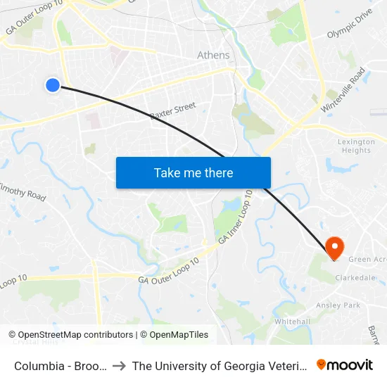 Columbia - Brookside Stop 1 to The University of Georgia Veterinary Teaching Hospital map
