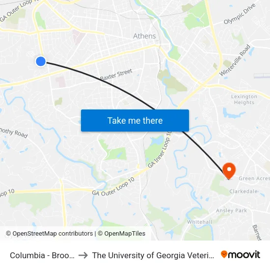 Columbia - Brookside Stop 5 to The University of Georgia Veterinary Teaching Hospital map