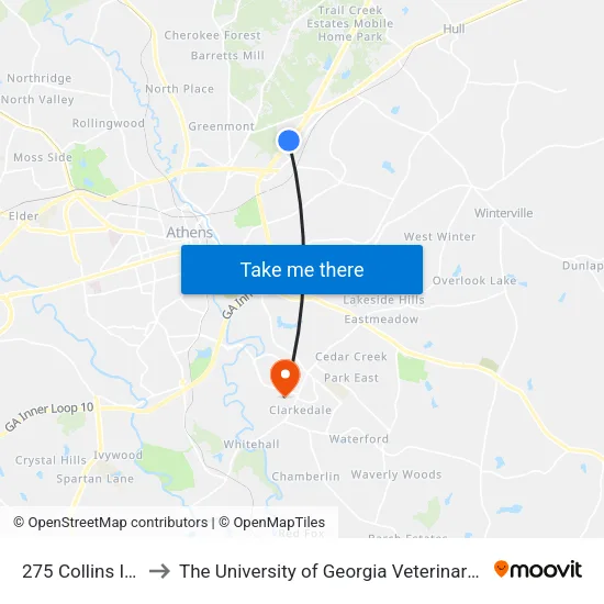 275 Collins Industrial to The University of Georgia Veterinary Teaching Hospital map