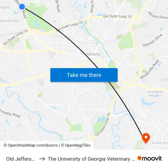 Old Jefferson Road to The University of Georgia Veterinary Teaching Hospital map