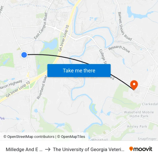 Milledge And E Campus Ob to The University of Georgia Veterinary Teaching Hospital map