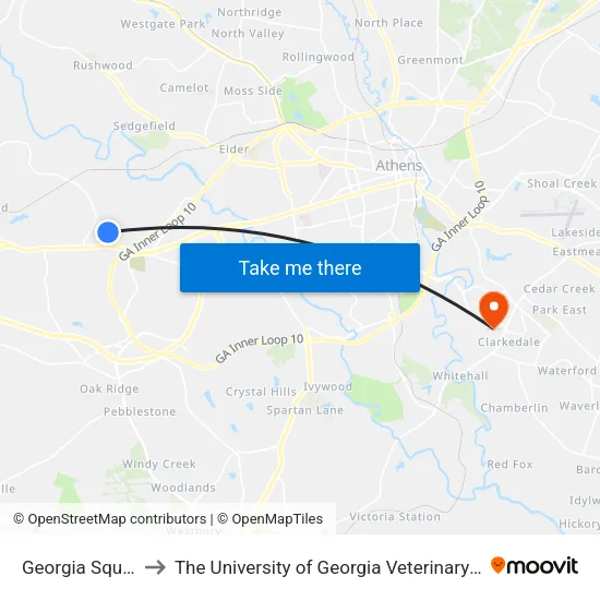 Georgia Square Mall to The University of Georgia Veterinary Teaching Hospital map