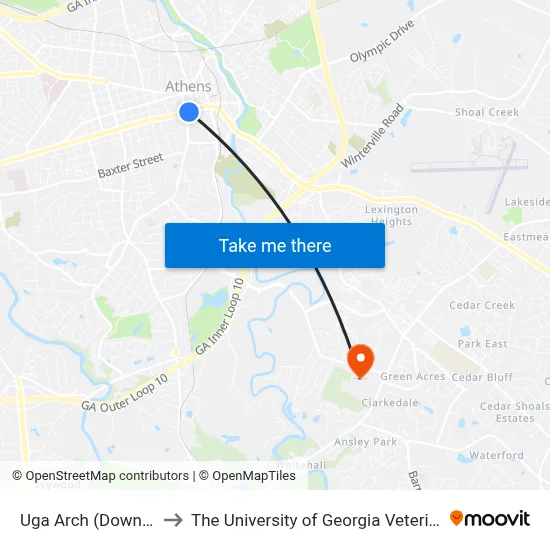 Uga Arch (Downtown Athens) to The University of Georgia Veterinary Teaching Hospital map