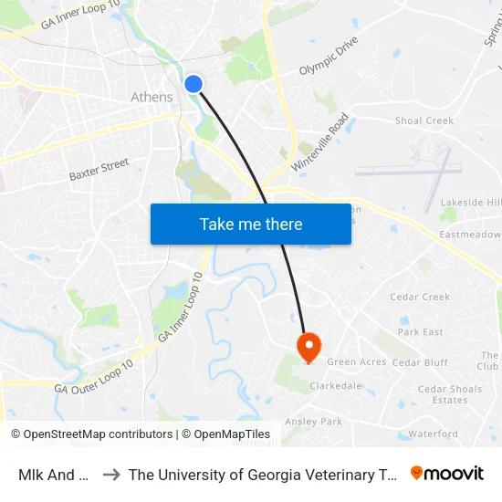 Mlk And 3rd Ob to The University of Georgia Veterinary Teaching Hospital map
