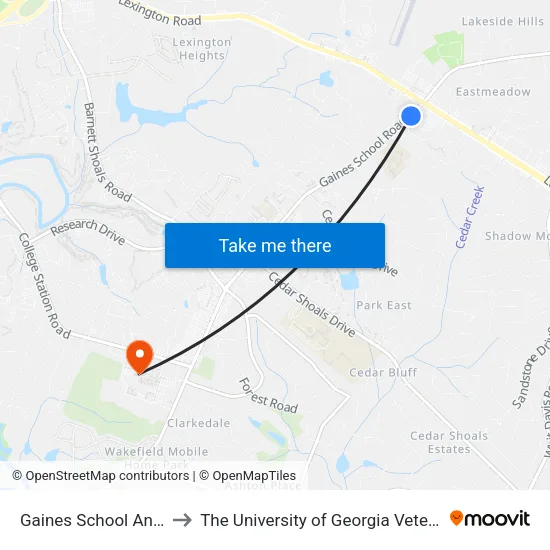Gaines School And Lexington Ob to The University of Georgia Veterinary Teaching Hospital map