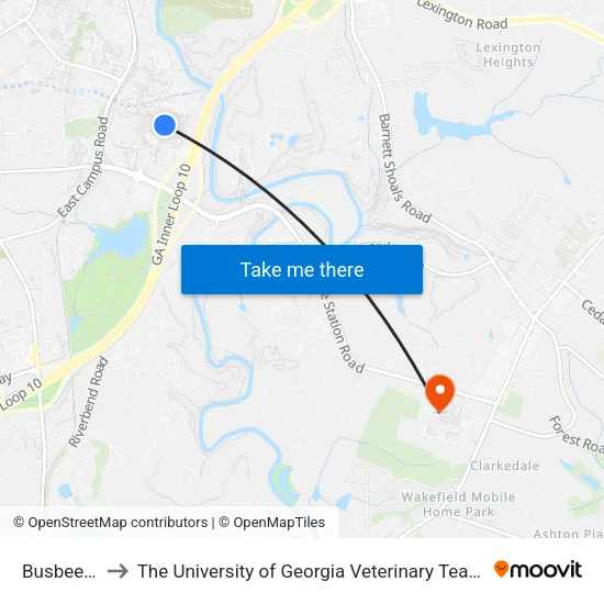 Busbee Hall to The University of Georgia Veterinary Teaching Hospital map