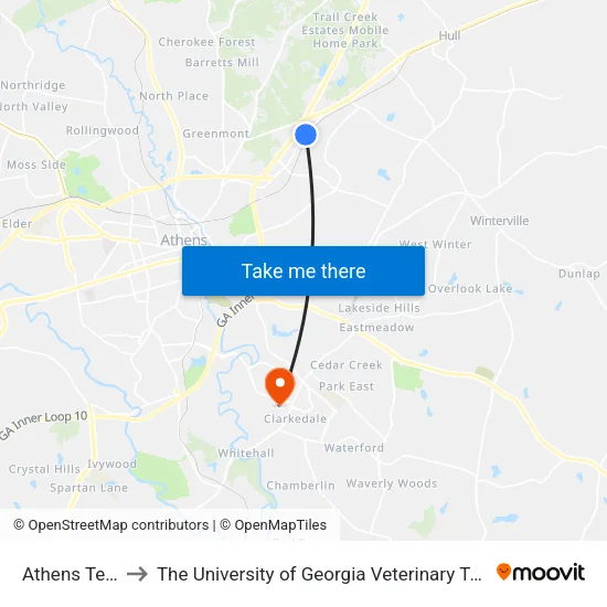 Athens Tech Ob to The University of Georgia Veterinary Teaching Hospital map