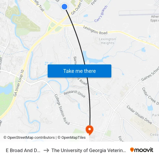E Broad And Dublin St Ob to The University of Georgia Veterinary Teaching Hospital map
