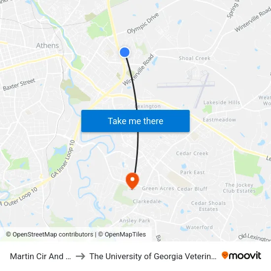 Martin Cir And Cook Dr Ob to The University of Georgia Veterinary Teaching Hospital map