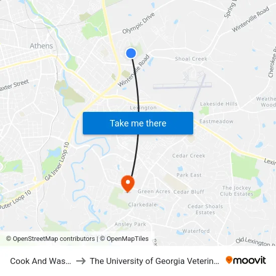 Cook And Washington Ob to The University of Georgia Veterinary Teaching Hospital map