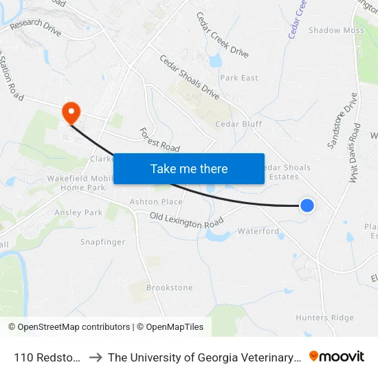 110 Redstone Drive to The University of Georgia Veterinary Teaching Hospital map
