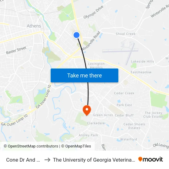 Cone Dr And Zebulon Ib to The University of Georgia Veterinary Teaching Hospital map