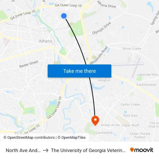 North Ave And Ruth St Ib to The University of Georgia Veterinary Teaching Hospital map