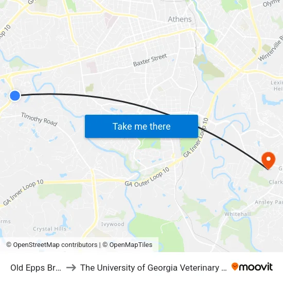 Old Epps Bridge Rd to The University of Georgia Veterinary Teaching Hospital map