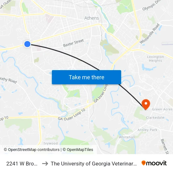 2241 W Broad Street to The University of Georgia Veterinary Teaching Hospital map
