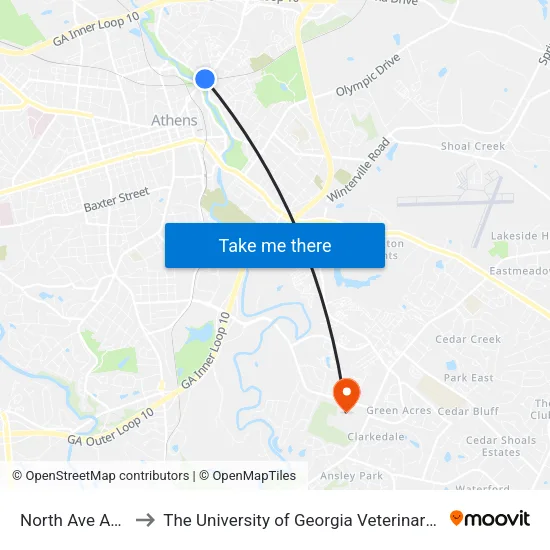 North Ave And Mlk Ib to The University of Georgia Veterinary Teaching Hospital map