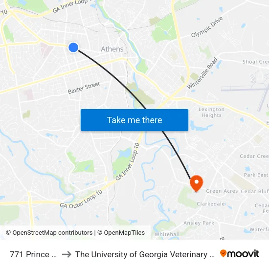 771 Prince Avenue to The University of Georgia Veterinary Teaching Hospital map