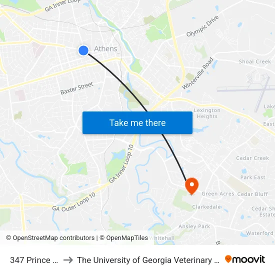 347 Prince Avenue to The University of Georgia Veterinary Teaching Hospital map