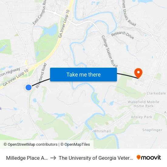 Milledge Place Apts Outbound to The University of Georgia Veterinary Teaching Hospital map