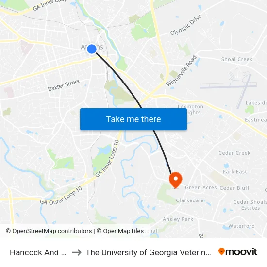 Hancock And College Ob to The University of Georgia Veterinary Teaching Hospital map
