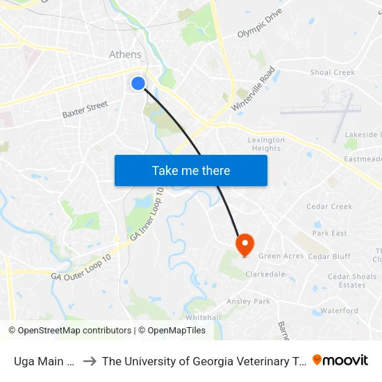Uga Main Library to The University of Georgia Veterinary Teaching Hospital map