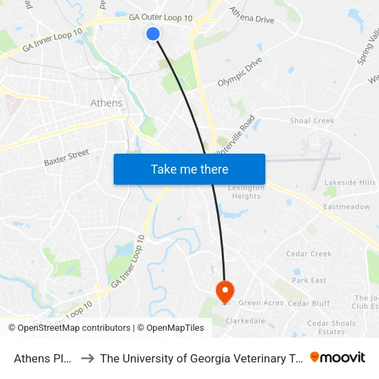 Athens Plaza Ob to The University of Georgia Veterinary Teaching Hospital map