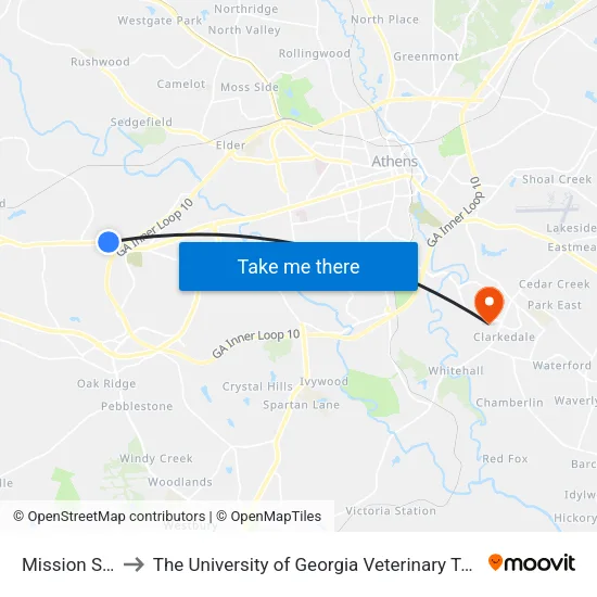 Mission Sqaure to The University of Georgia Veterinary Teaching Hospital map