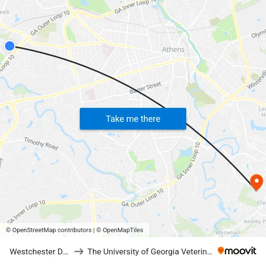 Westchester Dr - Apts Rt 5 to The University of Georgia Veterinary Teaching Hospital map