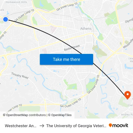 Westchester And Tallassee Ib to The University of Georgia Veterinary Teaching Hospital map