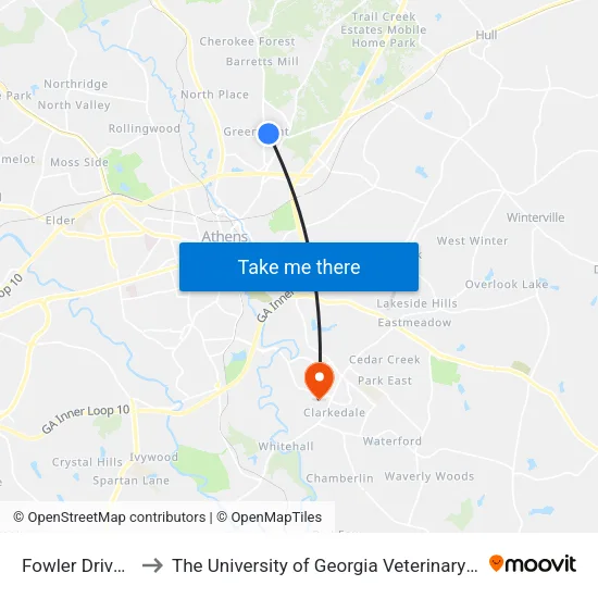 Fowler Drive School to The University of Georgia Veterinary Teaching Hospital map