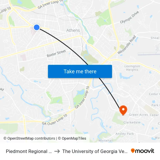 Piedmont Regional Medical Center Ob to The University of Georgia Veterinary Teaching Hospital map