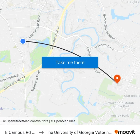 E Campus Rd at Studio 51 to The University of Georgia Veterinary Teaching Hospital map